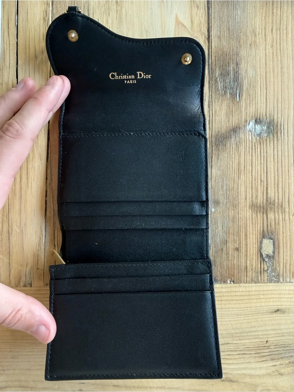Christian Dior Vintage Saddle Trifold Wallet, Black Leather, Gold D Clasp